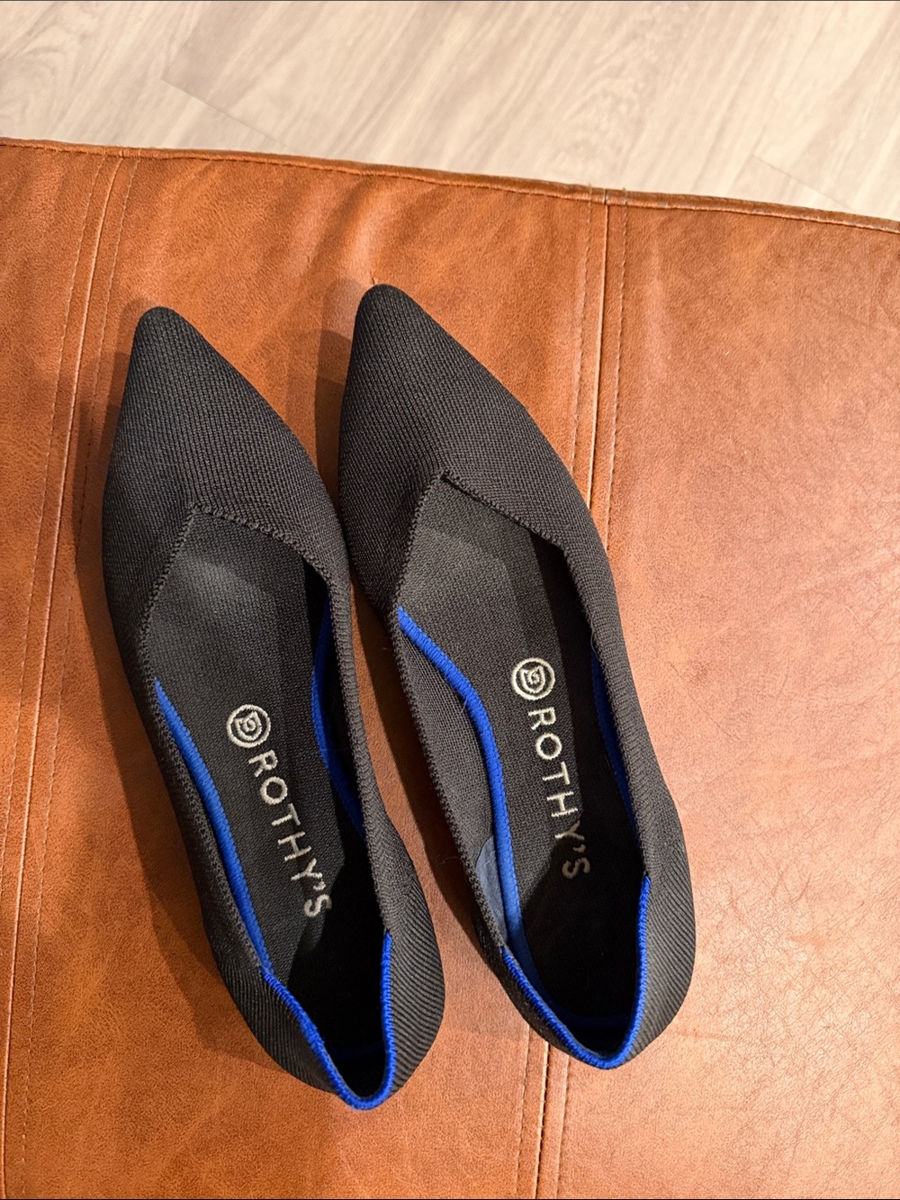 Rothy's Black Pointed Toe Flats with Royal Blue Trim